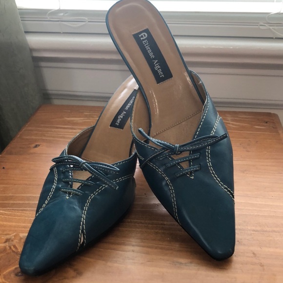 Etienne Aigner Shoes - Etienne Aigner Blue Mules with White Stitching